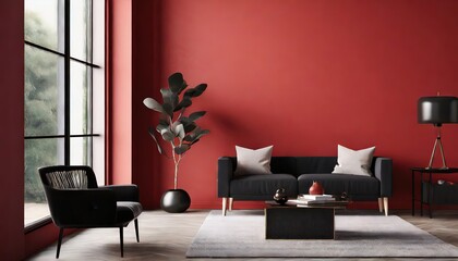 Modern red and black interior design wall mockup with copy space	
