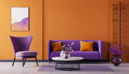 Modern orange and purple interior design wall mockup with copy space	
