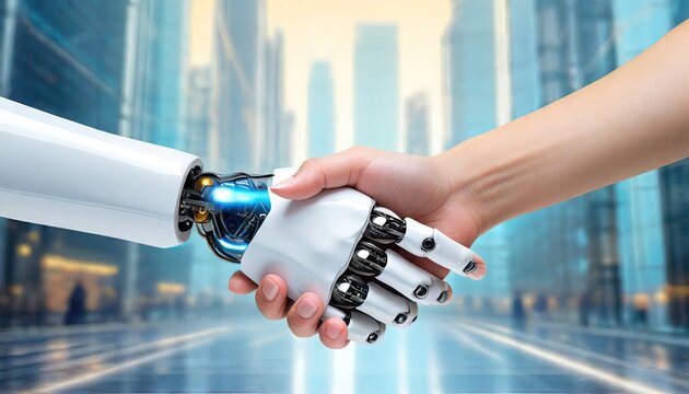 human hand and robot hand to signify cooperation of man and machine in artificial intelligence/machine learning