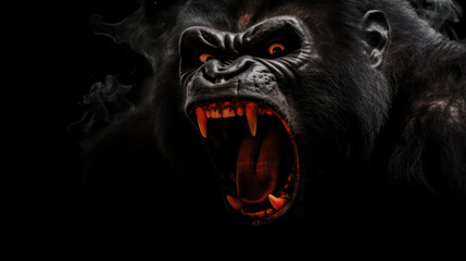 Silverback - adult male of a gorilla face. A gorilla appears to be angry, mouth open, yawning - obrazy, fototapety, plakaty