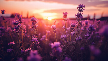 lavender flowers on blurred background, pretty lavender flowers. flowers in the morning. sunset, Summer Wildflower Meadow in Morning Sunlight