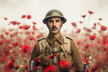 Portrait of a vintage war soldier standing in a field of red poppies. Remembrance day background