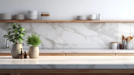 Deurstickers Interior of modern kitchen with white marble walls, concrete floor, white countertops and wooden cupboards © ttonaorh