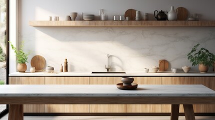Fototapeta na wymiar Interior of modern kitchen with white marble walls, concrete floor, white countertops and wooden cupboards