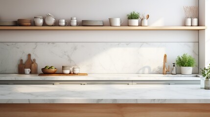 Interior of modern kitchen with white marble walls, concrete floor, white countertops and wooden...