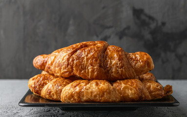 Fresh croissants with a golden brown and crispy crust on a black plate.