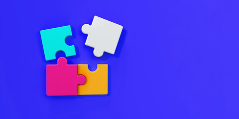 Panoramic of Partnership Puzzle pieces on a blue background, business concept.