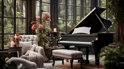 A black piano in a luxurious living room - obrazy, fototapety, plakaty