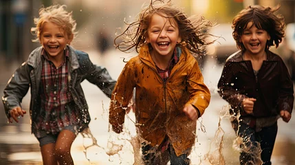 Fotobehang Children in rain jackets happily run through puddles © jr-art
