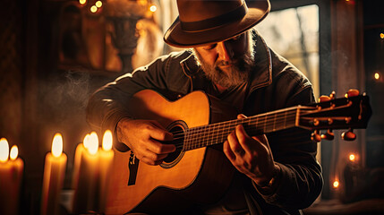 A man in a hat plays the guitar in front of him burning candles
