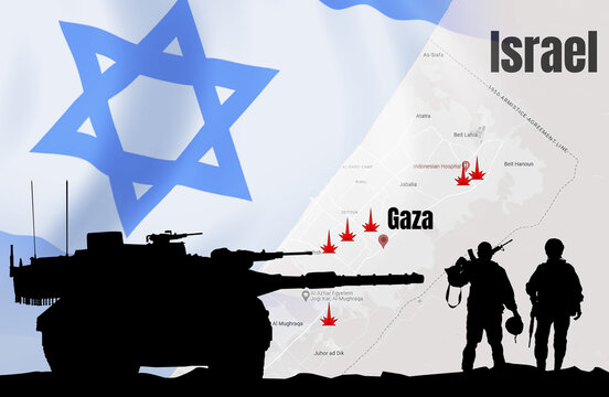 Silhouettes of the army tanks and soldiers on Gaza map background . Israeli ground operation. 3d illustration