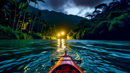 Kayak in the middle of river at night with lights on.