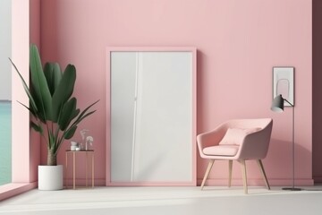 A stylish poster frame showing a pink concrete wall and trendy interior background. Generative AI