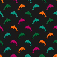 Seamless pattern with colorful dolphins and black background