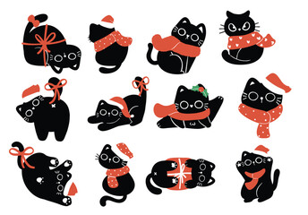 Cute Christmas Black Cat with Santa Hat and Winter Scarf - Festive Cartoon Pet