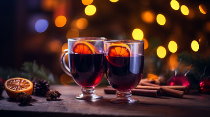 Mulled red wine with spices and citrus fruits. Traditional hot drink at Christmas time. on a wooden table on a backdrop of Christmas lights. Traditional hot Christmas drink