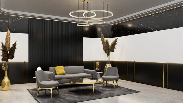 Animation Office waiting room with empty bakdrop for branding mockups. 3D illustration rendering