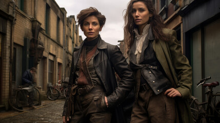 Fototapeta premium Old black and white street photographs from the Victorian era. stylish woman and man, victorian era dresses