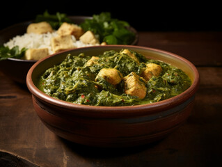 Tasty butter chicken curry dish from Indian cuisine. Hot spicy chicken tikka masala in bowl. Chicken curry with rice, indian naan butter bread, spices, herbs.