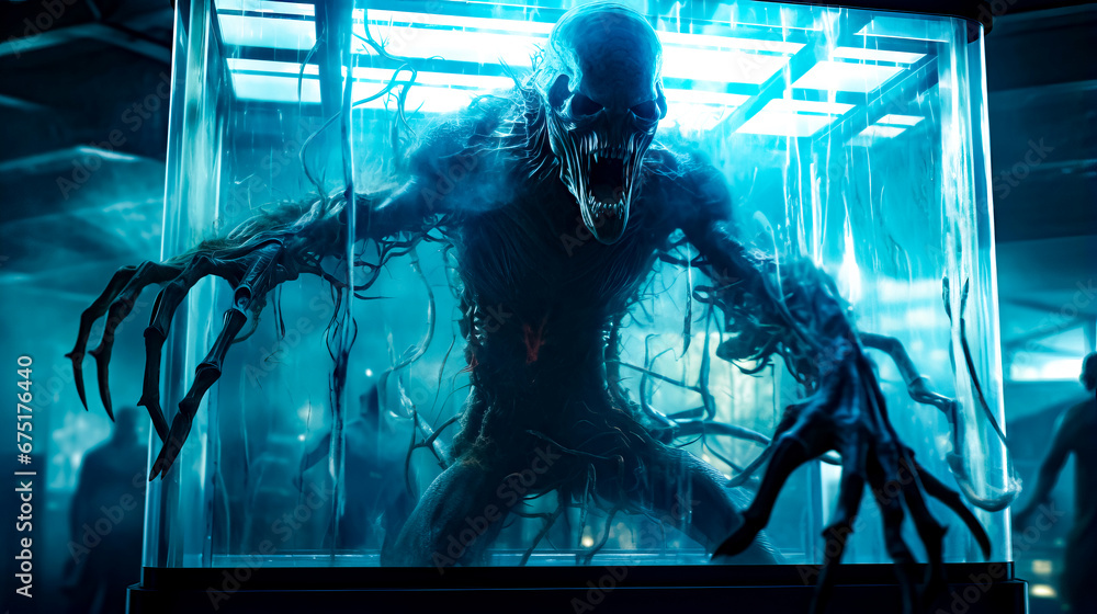 Poster creepy alien standing in front of window in room with lights.