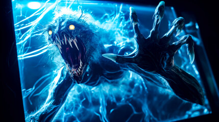 Demonic creature with its mouth open and glowing eyes in front of blue background.