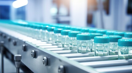 Obraz premium pharmaceutical industry. Production line machine conveyor with glass bottles ampoules at factory