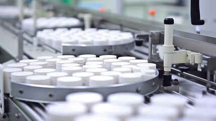Obraz premium pharmaceutical industry. Production line machine conveyor with glass bottles ampoules at factory