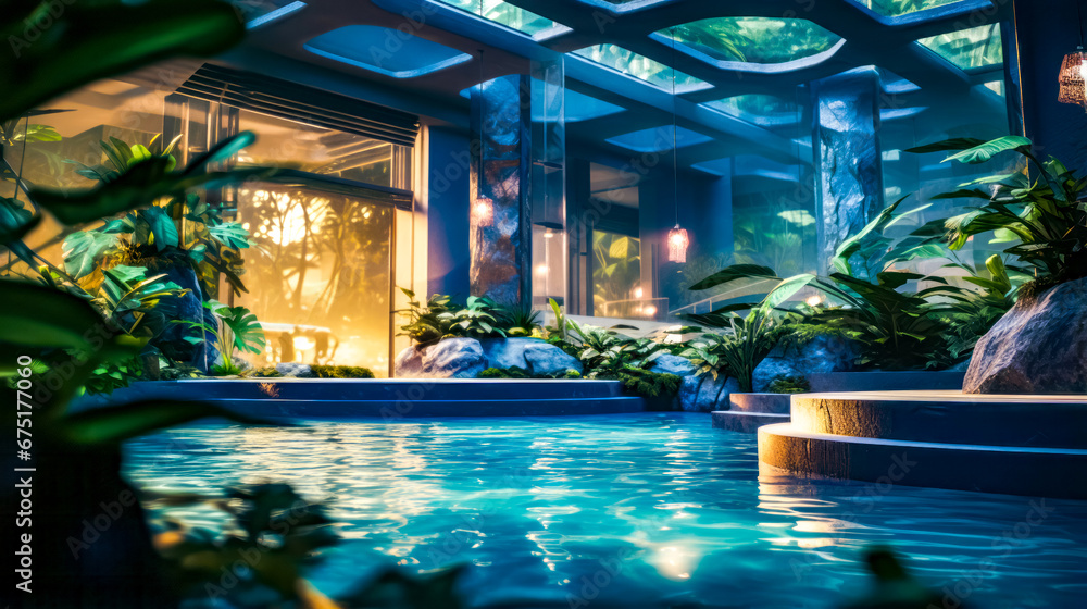 Poster indoor swimming pool surrounded by greenery and large window with view of the outside.