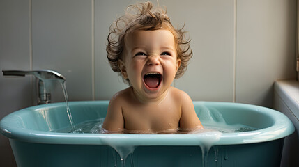 Joyful Bath Time: Real Baby Laughing in Bathtub