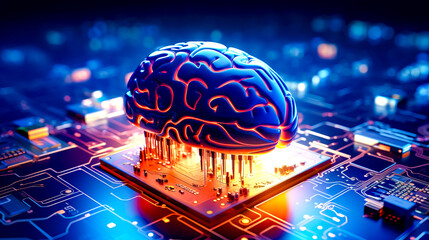 Computer circuit board with model of brain on top of it.