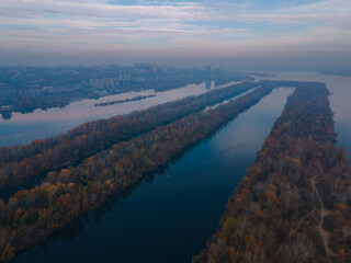 The rowing canal spit on Pobeda in the city of Dnieper from above. River View. Autumn colors. Drone...