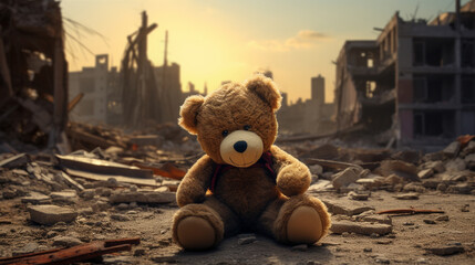 A teddy bear in a destroyed city - obrazy, fototapety, plakaty