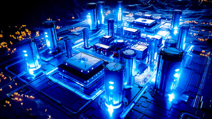 Computer generated image of futuristic city with lot of blue lights.