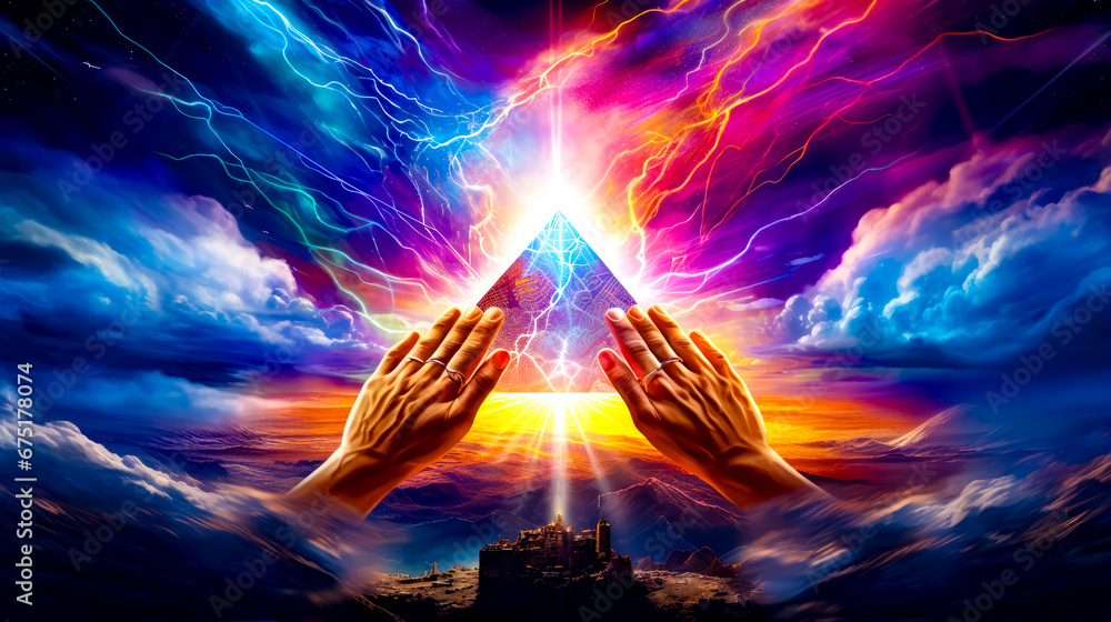 Poster two hands reaching out to each other with lightning in the sky behind them.