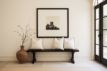 Simplified entryway, white walls, singular coat hook, one statement bench for seating, understated mat