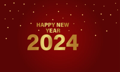 gold sparkling stars on red background,happy new year 2024 poster banner.