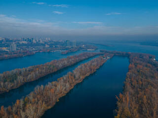 The rowing canal spit on Pobeda in the city of Dnieper from above. River View. Autumn colors. Drone photography.