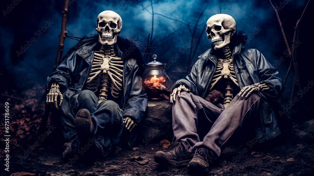 Poster two skeletons sitting next to each other in front of lantern with candle in it.