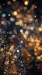 silver - golden flash of confetti and glitter on a dark background. vertical - obrazy, fototapety, plakaty