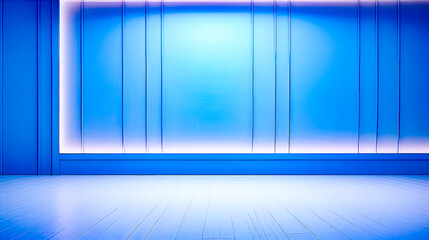 Empty room with blue wall and white floor with bench.
