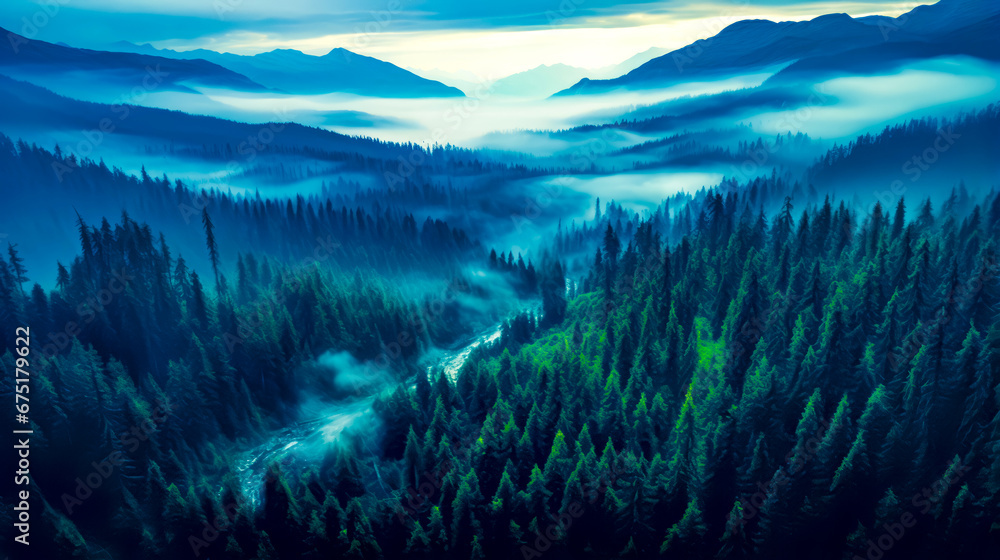 Poster aerial view of forest with fog in the air and trees in the foreground.