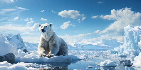 polar white bear on an iceberg with snow and ice near water in winter in the Arctic - obrazy, fototapety, plakaty