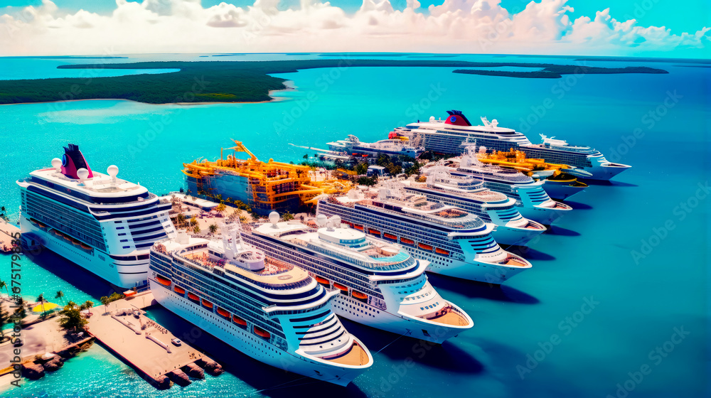 Poster group of cruise ships docked at dock in the ocean with dock in the foreground.