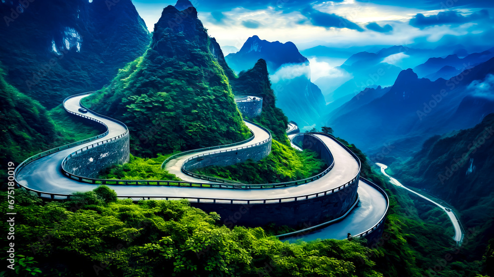 Aufkleber winding road in the middle of mountain range with mountain range in the background.