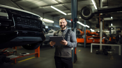 Professional portrait, mechanic or man working on vehicle or car engine in engineer or garage workshop. Confident, male or smiling and using tablet for car service repair and engineer - obrazy, fototapety, plakaty