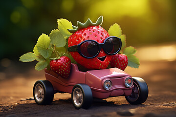 Generative AI Image of Strawberry Fruit Character Driving a Toy Car
