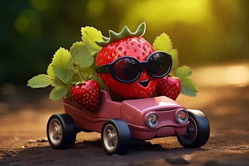 Papier Peint photo autocollant Voitures de dessin animé Generative AI Image of Strawberry Fruit Character Driving a Toy Car