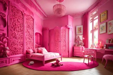 pink room with armchair and chandelier