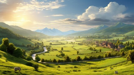 Obraz premium mountain valley environment sun landscape illustration grass countryside, meadow beautiful, outdoor green mountain valley environment sun landscape