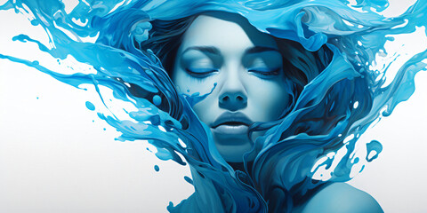 Head of a woman with splashing blue paint